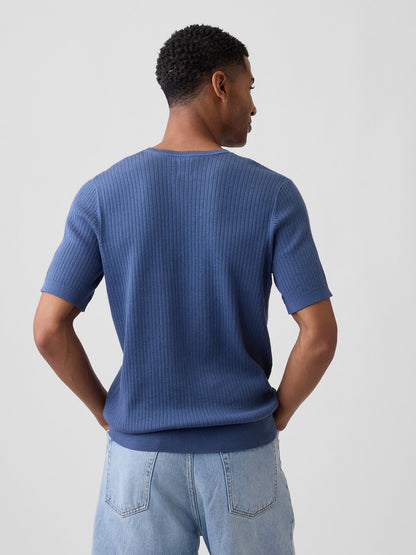 Mavi Ribbed Bisiklet Yaka Triko T-shirt