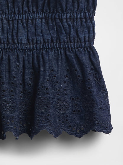 Lacivert Büzgülü Eyelet Denim Cami Bluz