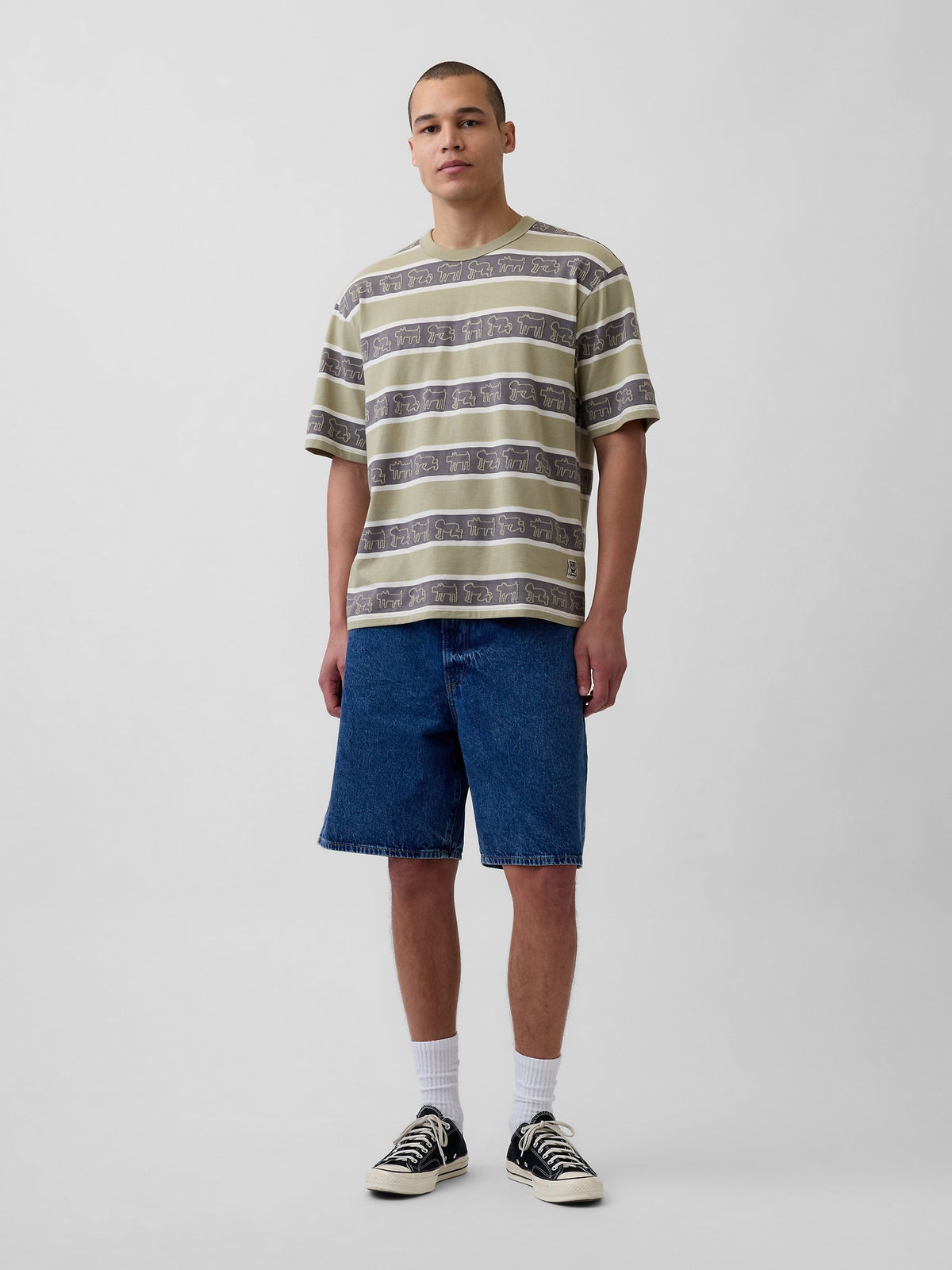Haki Keith Haring Oversized Çizgili T-shirt