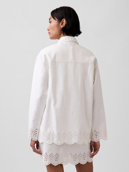Beyaz Eyelet Hem Relaxed Gömlek Ceket