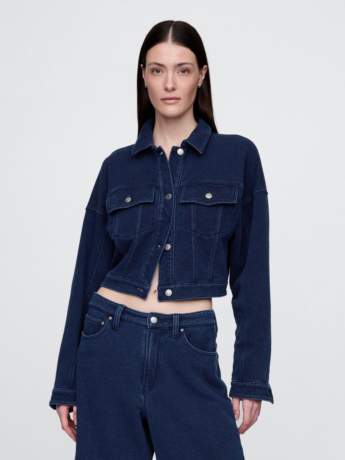Koyu Mavi Fransız Havlu Kumaş Crop Icon Denim Ceket