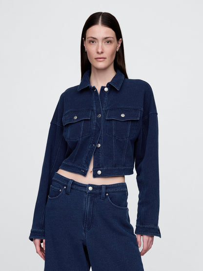 Koyu Mavi Fransız Havlu Kumaş Crop Icon Denim Ceket