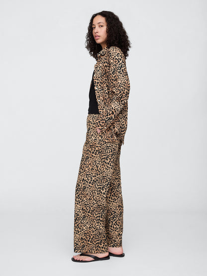 Kahverengi Mid Rise Keten Karışımlı Pull-on Wide-leg Pantolon