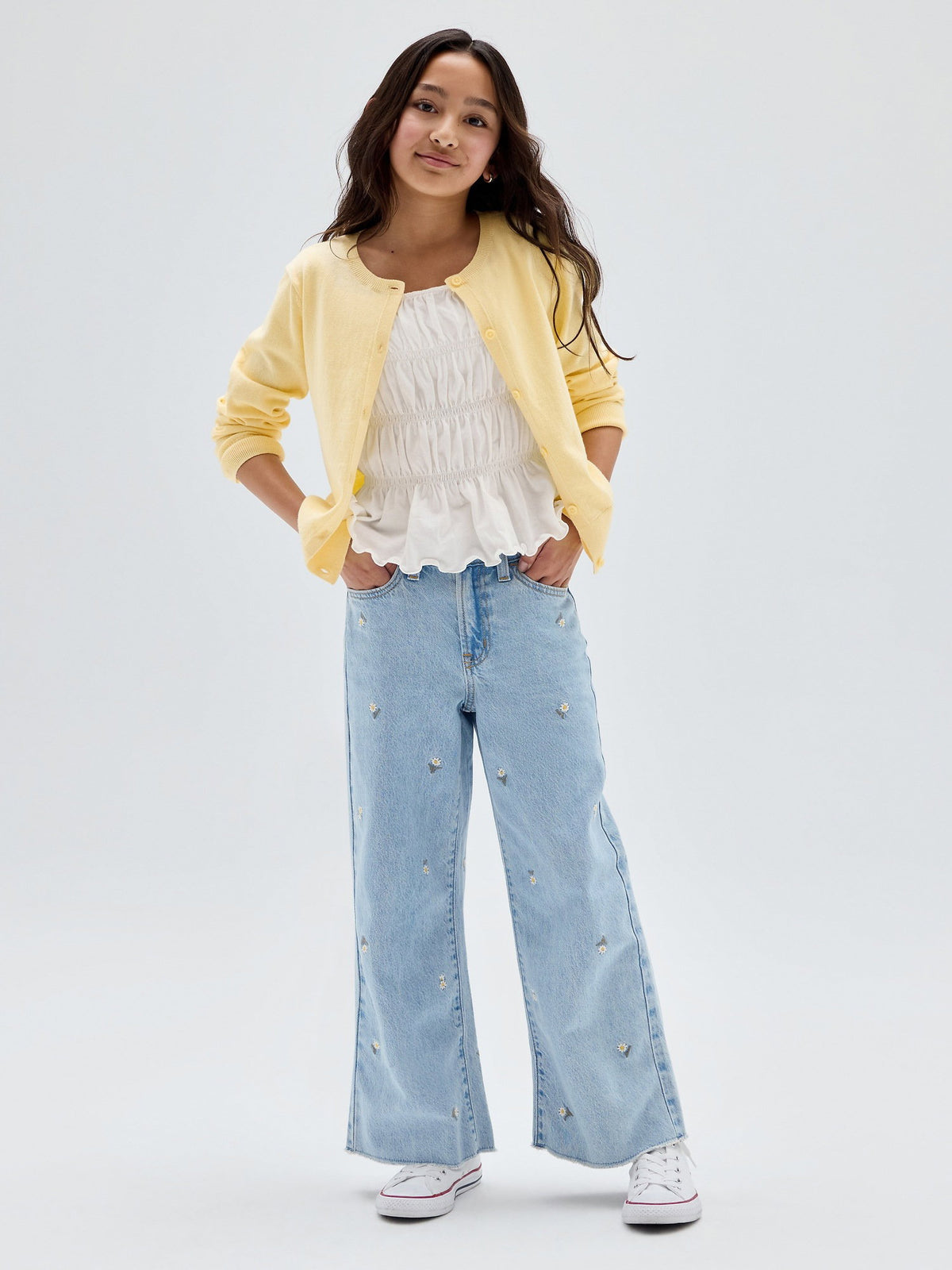 Mavi High Rise Papatya Işlemeli Wide-leg Jean Pantolon
