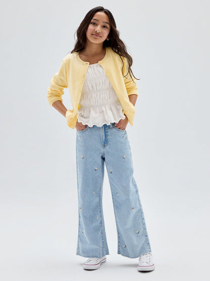 Mavi High Rise Papatya Işlemeli Wide-leg Jean Pantolon