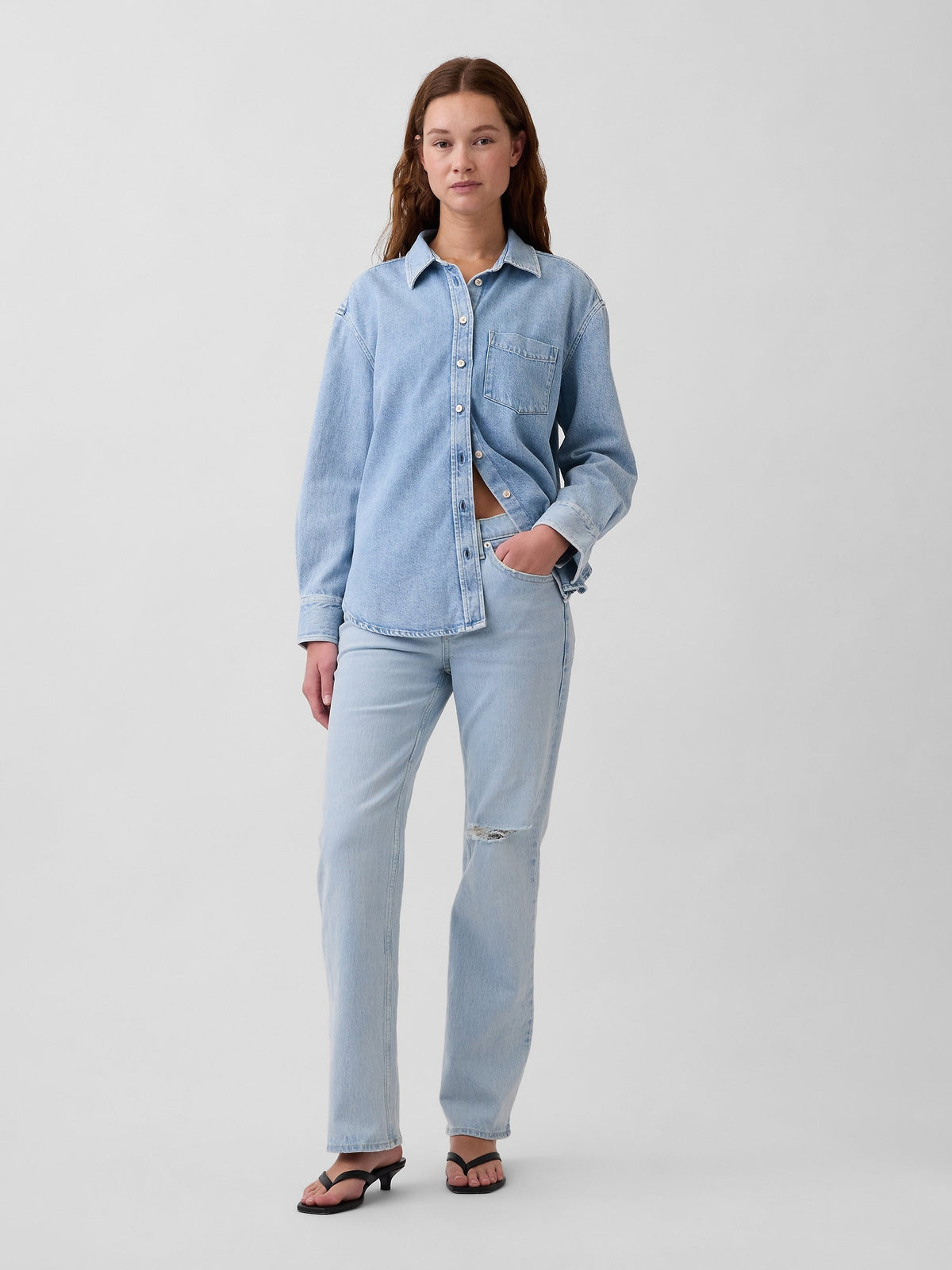 Açık Mavi Mid Rise Relaxed Straight Jean Pantolon