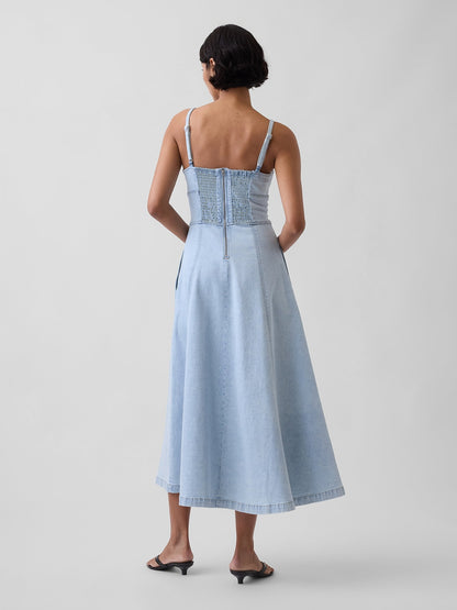 Açık Mavi Denim Seamed Korse Maxi Elbise