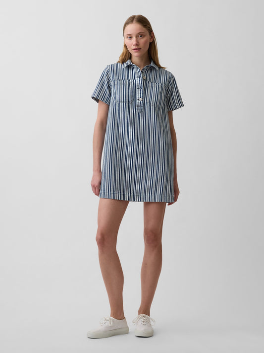 Mavi Denim Çizgili Popover Mini Elbise
