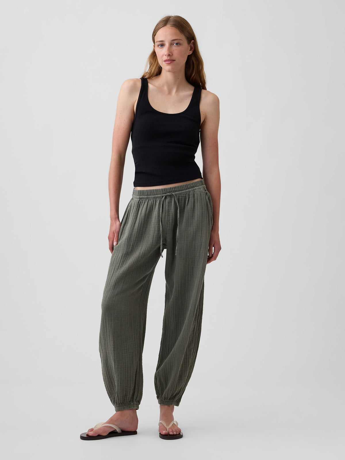 Haki Pamuk Gauze Barrel Jogger Pantolon