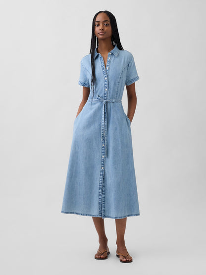 Açık Mavi Denim Tie-waist Midi Gömlek Elbise