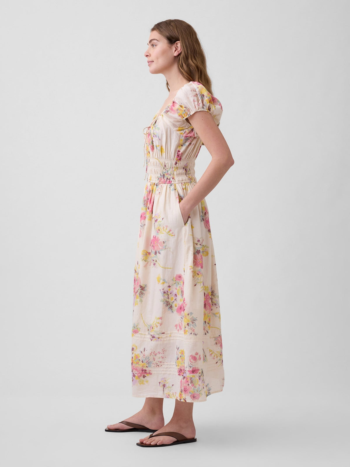 Çok Renkli Floral Voile Smocked Maxi Elbise