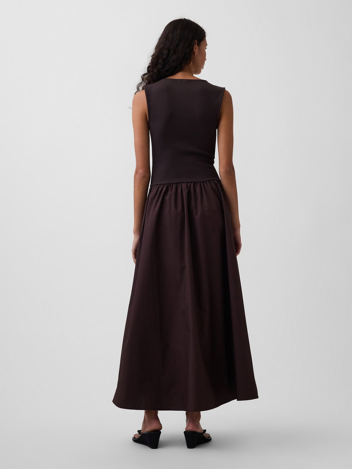 Kahverengi Mixed Media Drop-waist Maxi Elbise