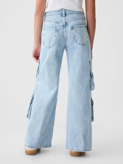 Açık Mavi Mid Rise Double Kargo Baggy Jean Pantolon