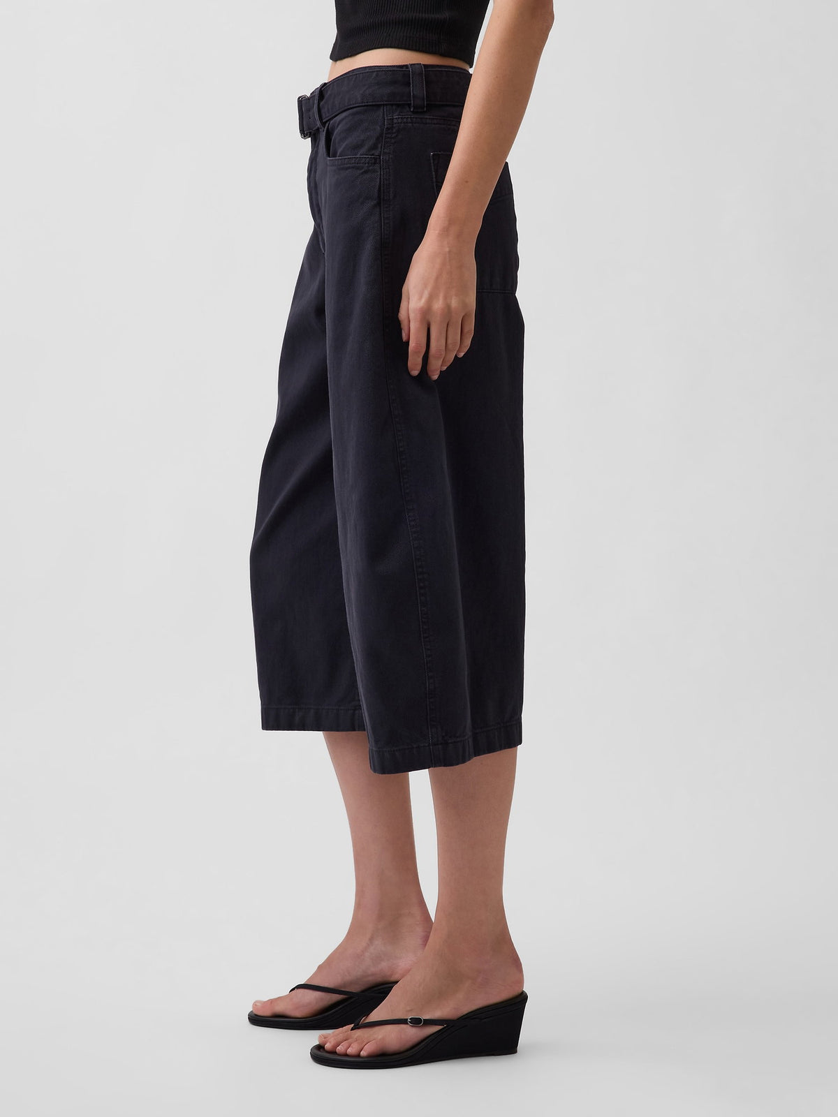 Siyah Mid Rise Kemerli Culotte Barrel Pantolon