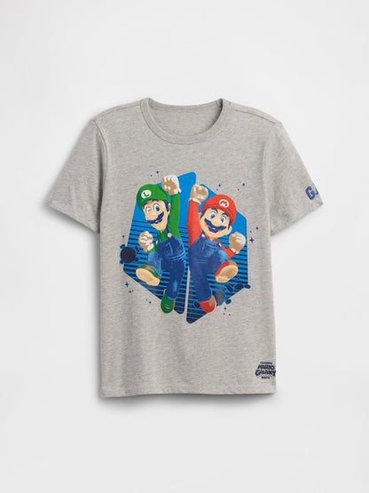 Gri Süper Mario Grafik Baskılı T-shirt