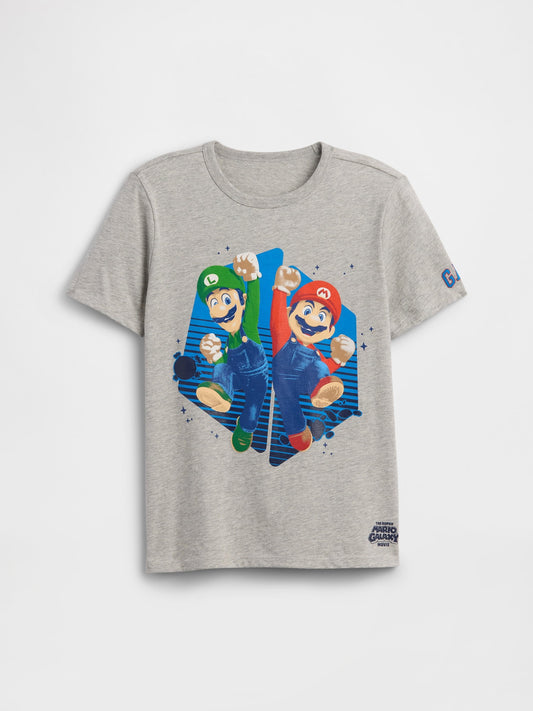 Gri Süper Mario Grafik Baskılı T-shirt