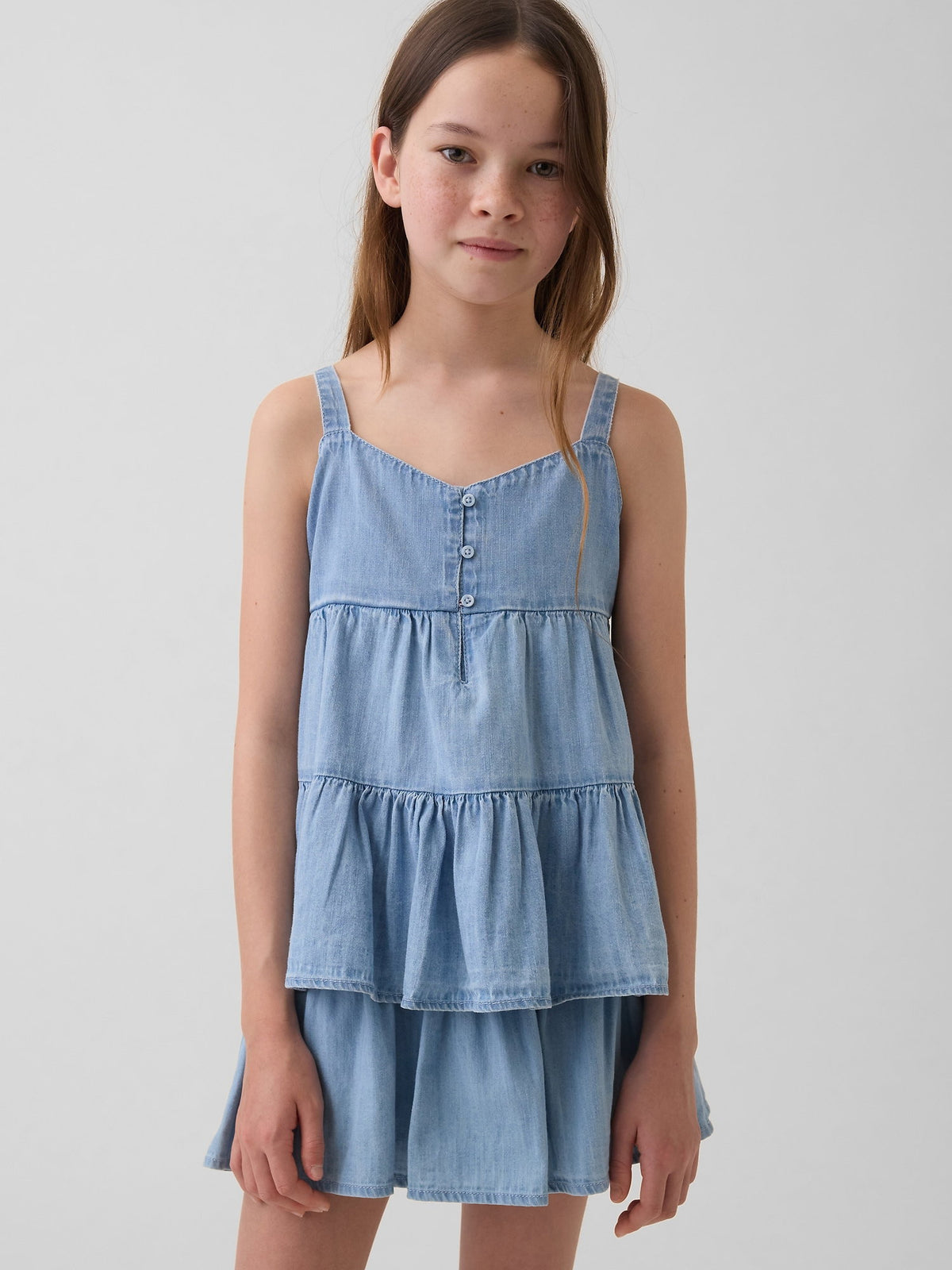 Açık Mavi Denim Tiered Kolsuz Bluz