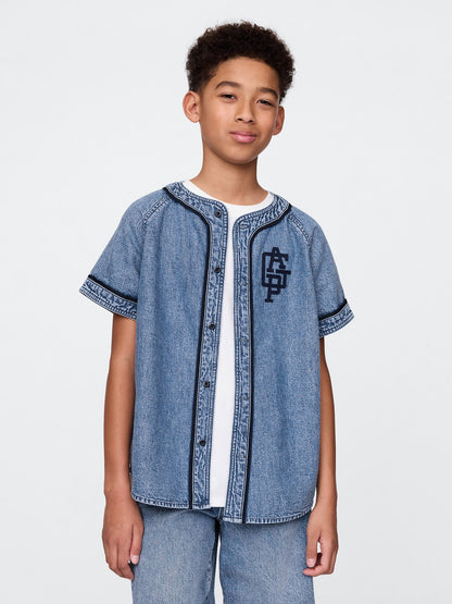 Denim Mavi Denim Gap Logo Beyzbol Jersey Gömlek