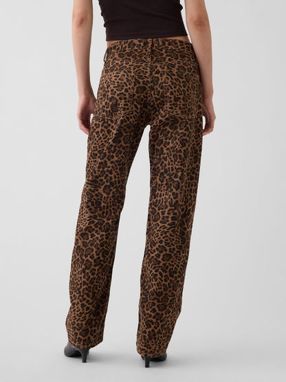 Kahverengi Mid Rise Straight Taper Leopar Jean Pantolon