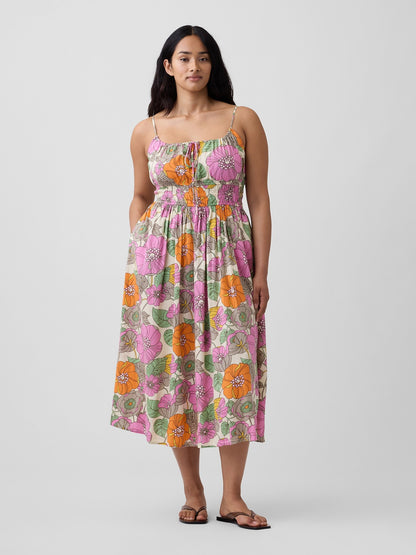 Çok Renkli Smocked Tie-front Midi Elbise