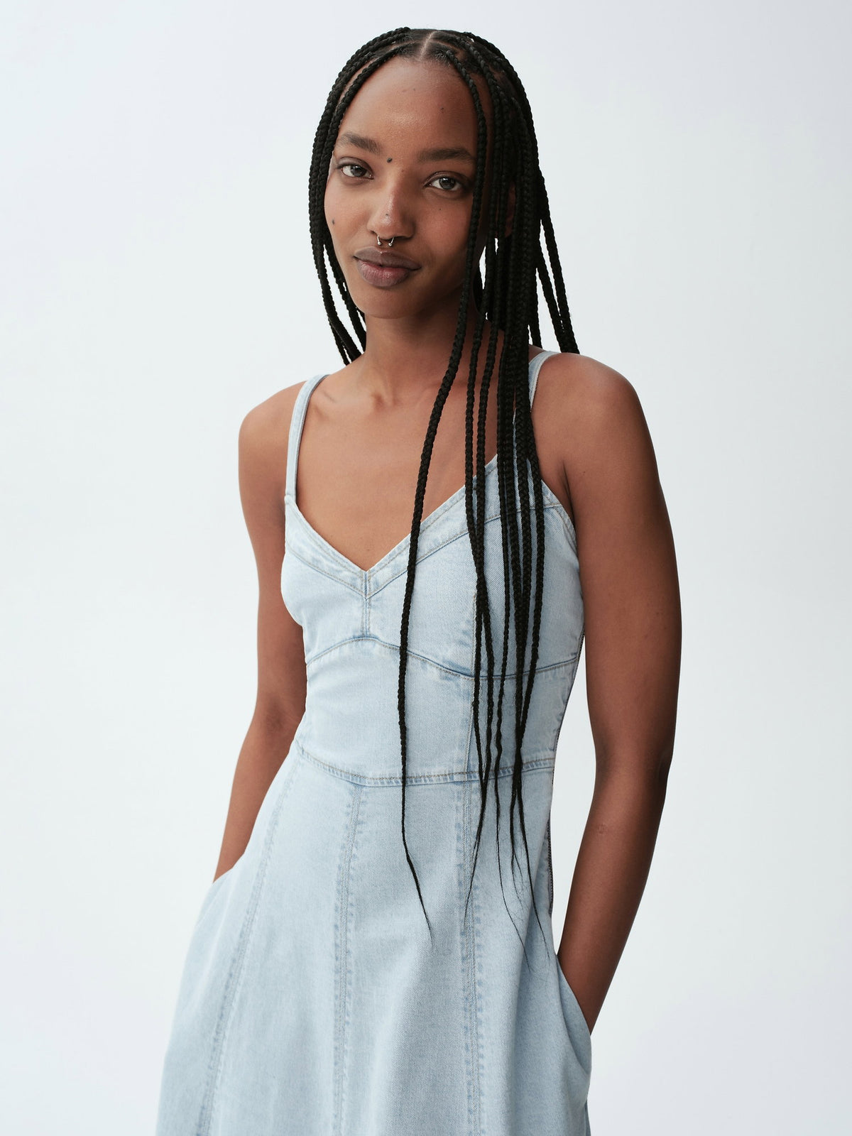 Açık Mavi Denim Seamed Korse Maxi Elbise