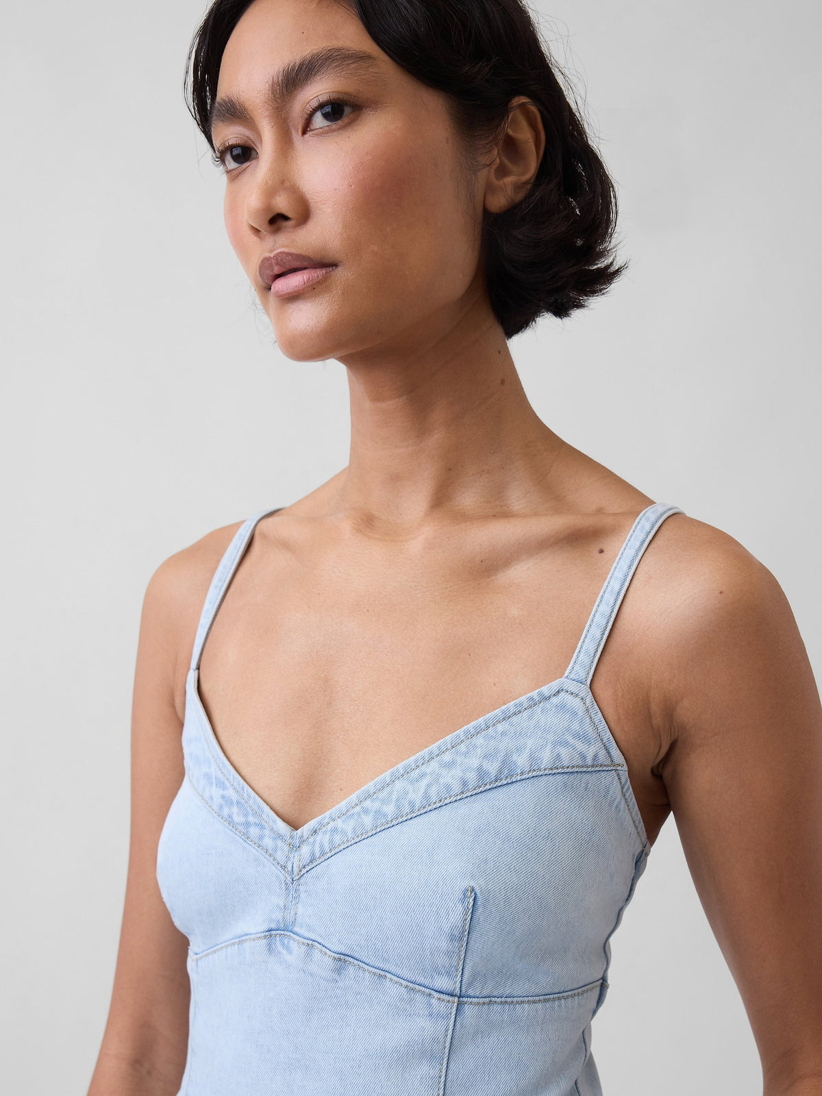 Açık Mavi Denim Seamed Korse Maxi Elbise