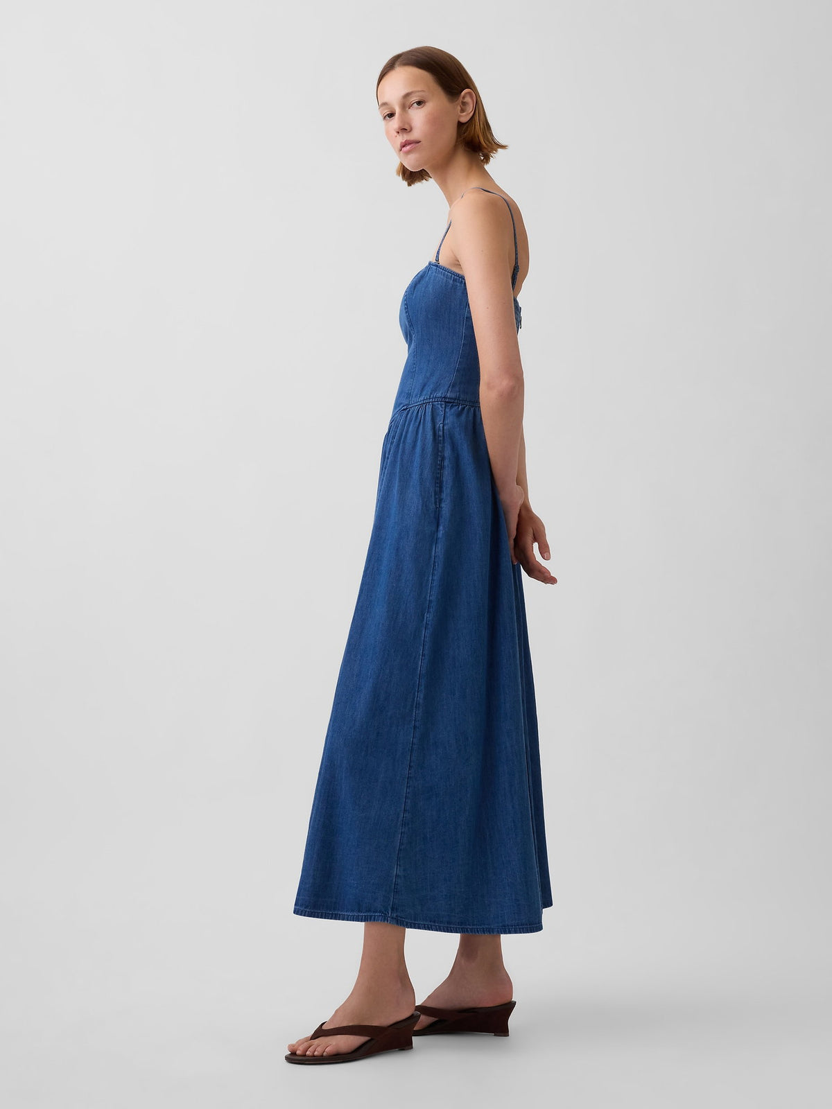 Koyu Mavi Strapless Denim Maxi Elbise