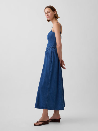 Koyu Mavi Strapless Denim Maxi Elbise