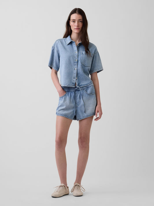 Açık Mavi Mid Rise Ultrasoft Denim Easy Dolphin Şort
