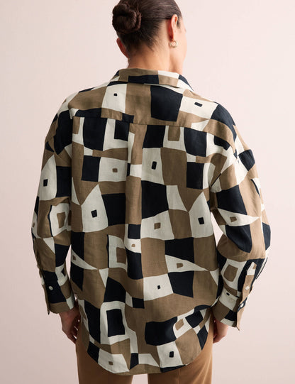 Keten Geometrik Desenli Relaxed Fit Gömlek