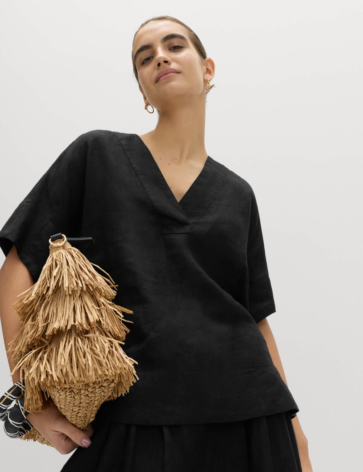 %100 Keten V Yaka Popover Bluz