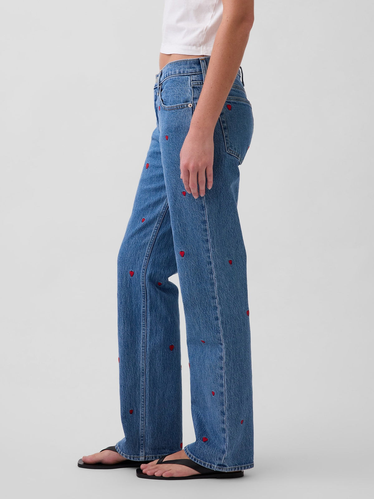 Mavi Mid Rise Işlemeli Relaxed Straight Jean Pantolon
