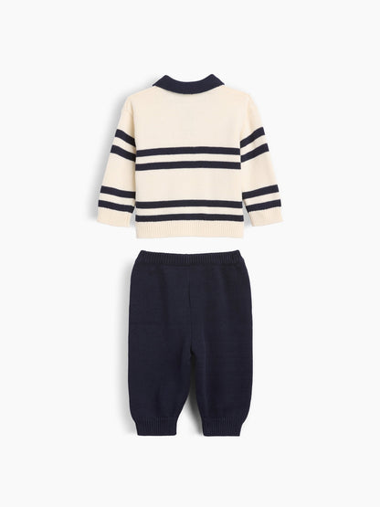 Lacivert Bebek Çizgili Polo Kazak Outfit Set