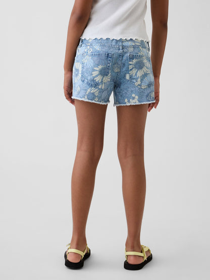 Açık Mavi Low Rise Stride Çiçekli Denim Şort