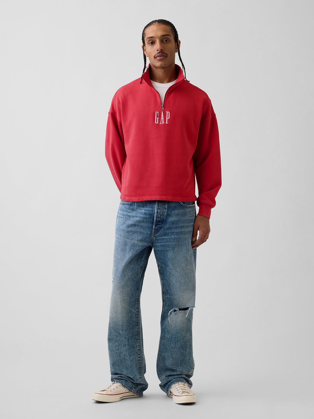 Kırmızı Heavyweight Oversized Logo Yarım Fermuarlı Sweatshirt