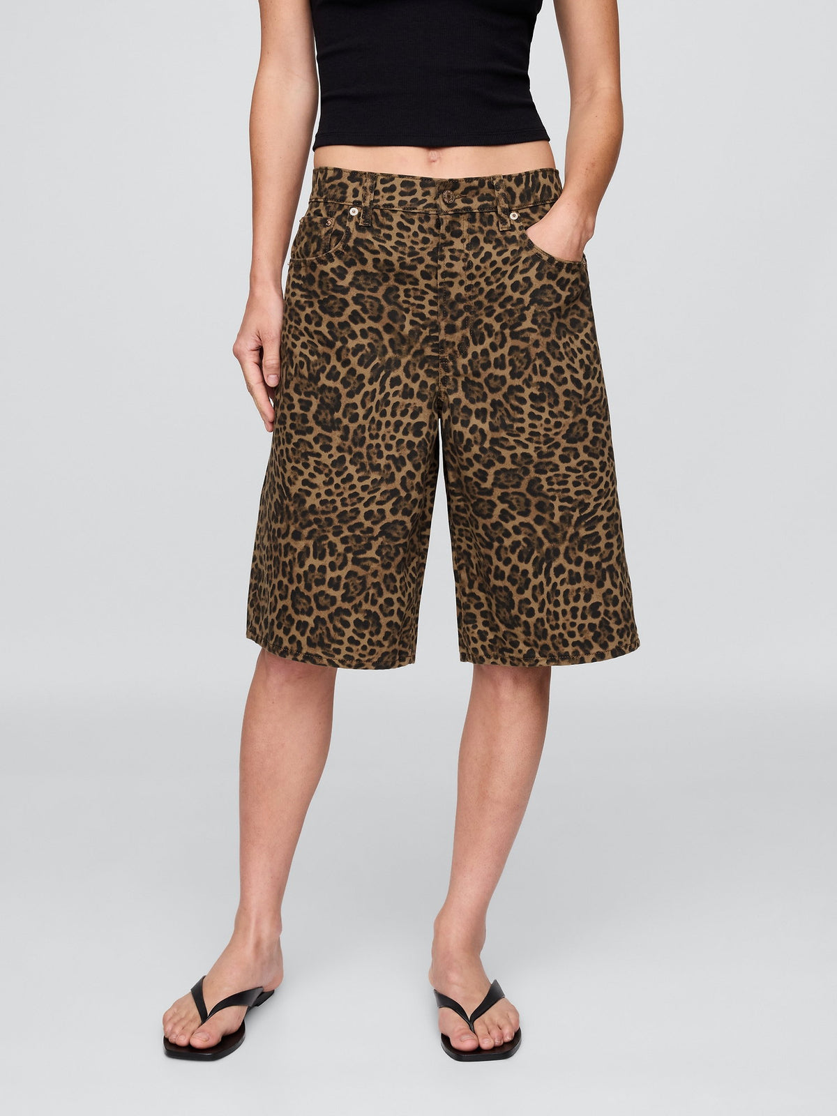 Kahverengi 11 Mid Rise Denim Leopar Longline Şort