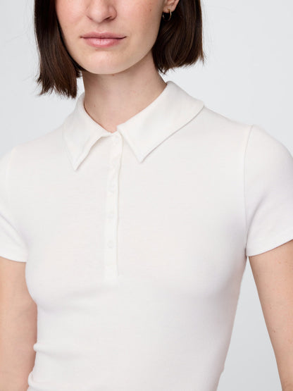 Beyaz Modern Fitilli Crop Polo T-shirt