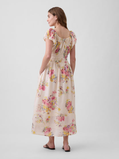 Çok Renkli Floral Voile Smocked Maxi Elbise