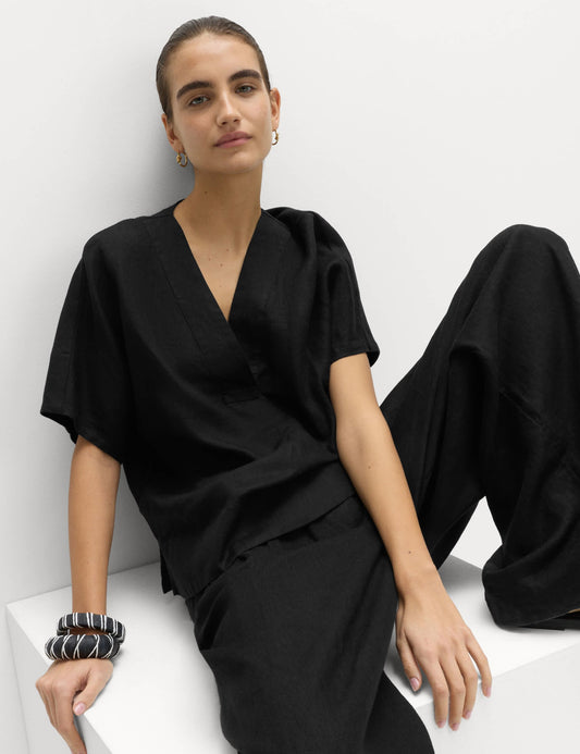 %100 Keten V Yaka Popover Bluz