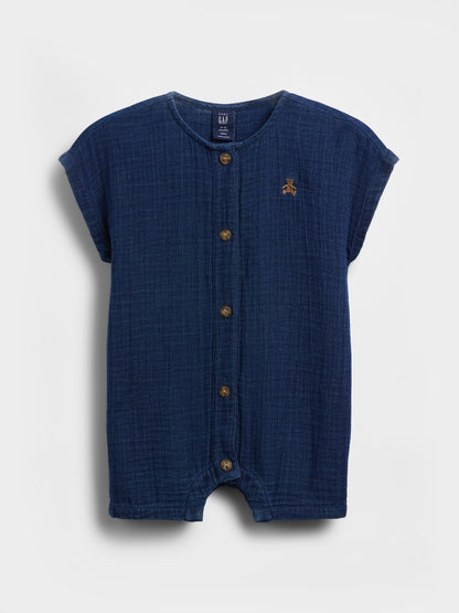 Koyu Mavi Pamuk Gauze Denim Şort Tulum