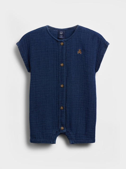 Koyu Mavi Pamuk Gauze Denim Şort Tulum