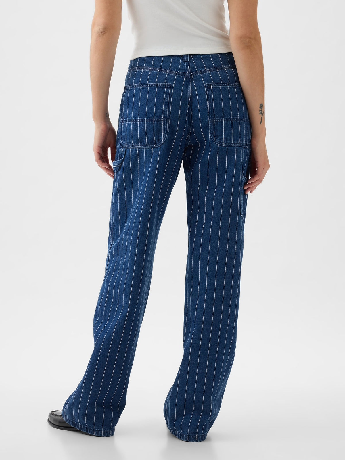 Koyu Mavi Mid Rise '90s Loose Çizgili Carpenter Jean Pantolon