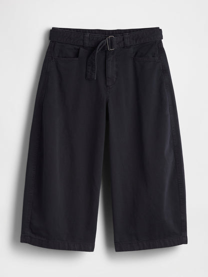 Siyah Mid Rise Kemerli Culotte Barrel Pantolon