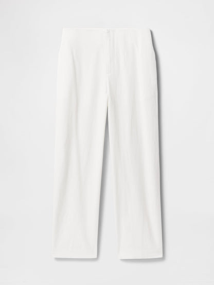 Beyaz Keten Karışımlı Relaxed Straight Ankle Pantolon