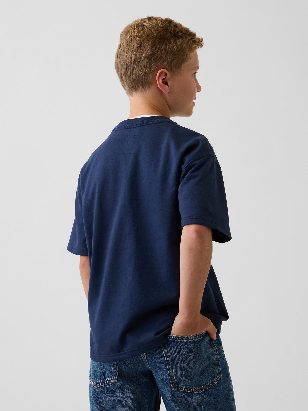 Lacivert Fransız Havlu Kumaş Kısa Kollu Sweatshirt