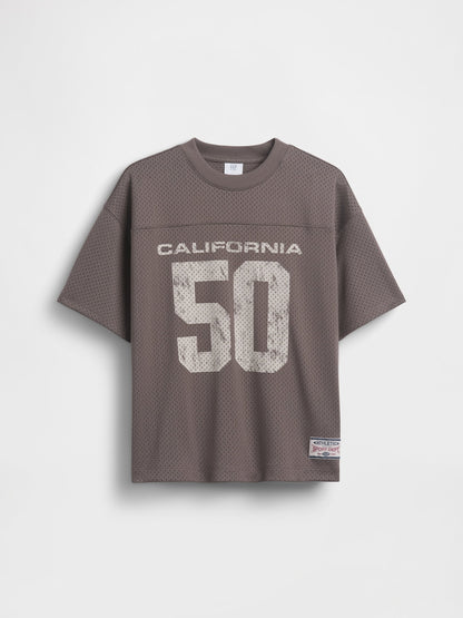 Kahverengi Mesh Oversized Grafik Jersey T-shirt