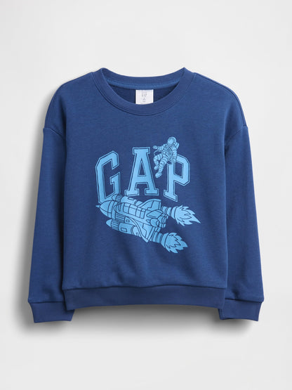 Koyu Mavi Relaxed Fransız Havlu Kumaş Grafik Baskılı Sweatshirt