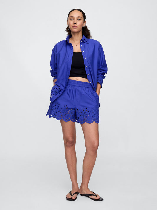 Mavi Eyelet Poplin Şort