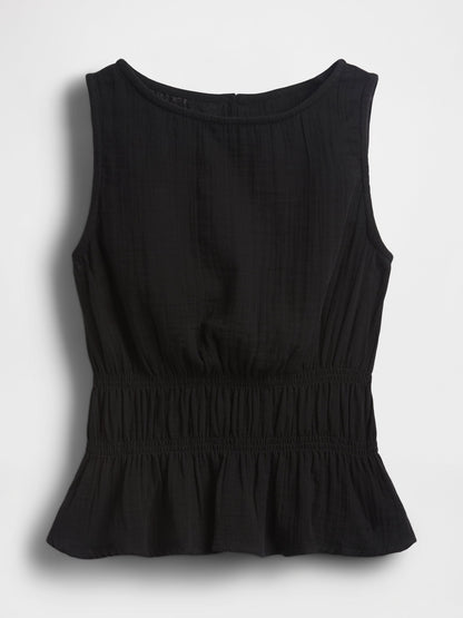 Siyah Pamuklu Gauze Smocked-waist Peplum Bluz