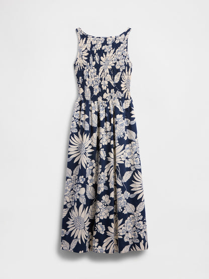Beyaz Smocked Boatneck Maxi Elbise